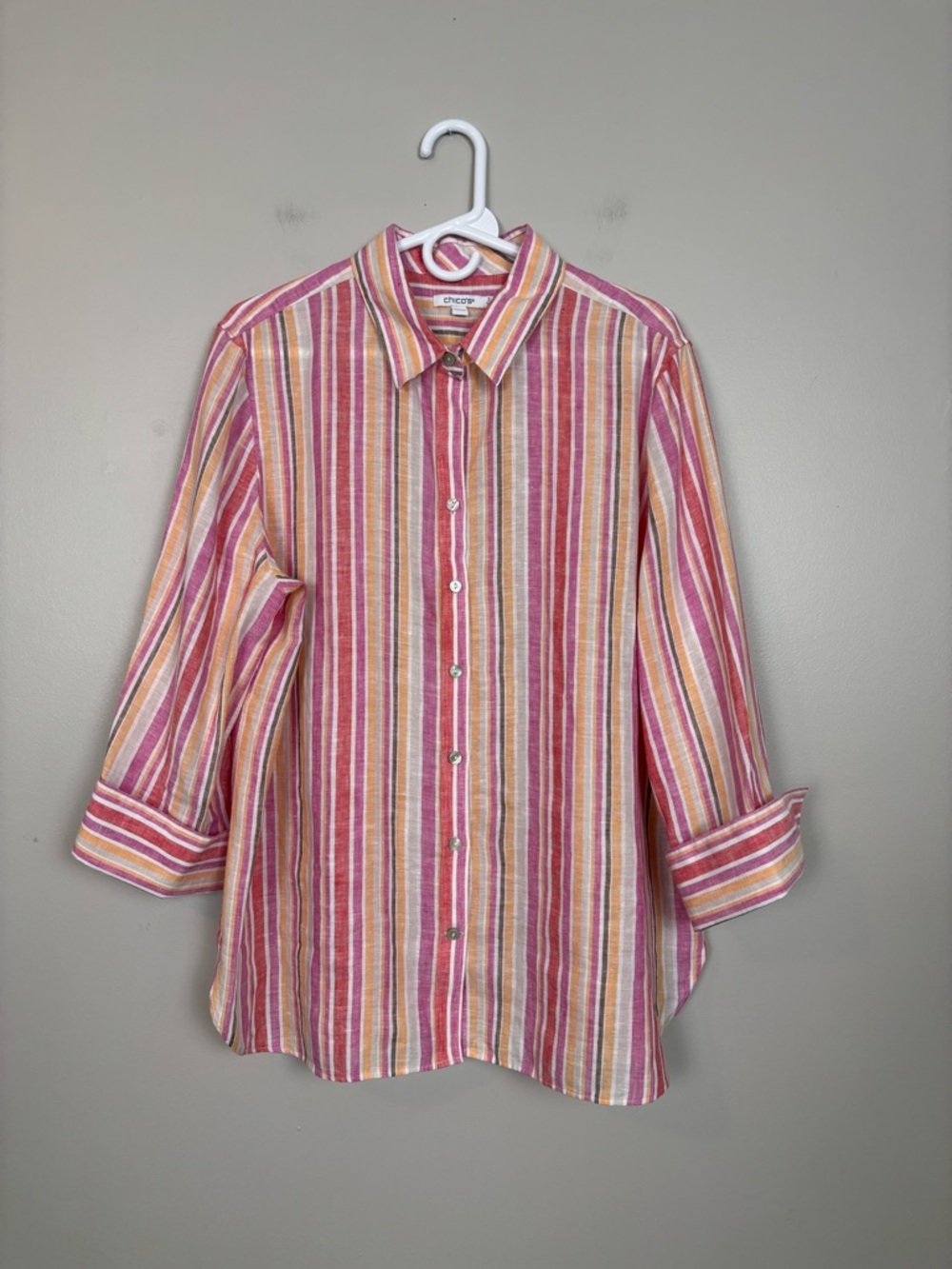 Chicos Top Womens 16 Multi Stripe 3/4 Cuffed Sleeve Line Button Front Office
